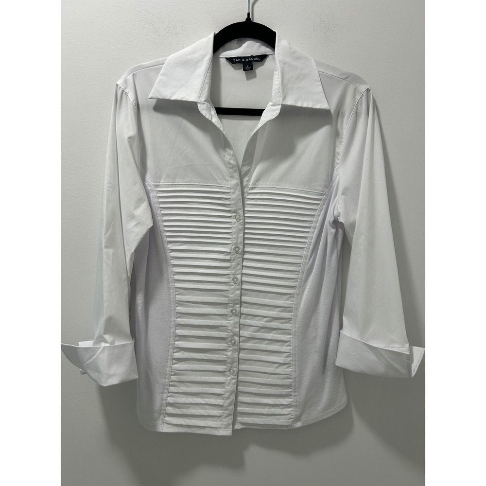 Zac & Rachel White Pintuck Pleated Button Down Shirt 3/4 Sleeve Cuffs Womens L